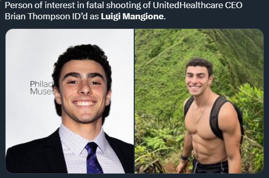 The image displays two side-by-side photos of the same man, Luigi Mangione. The left photo shows him in a formal suit and…