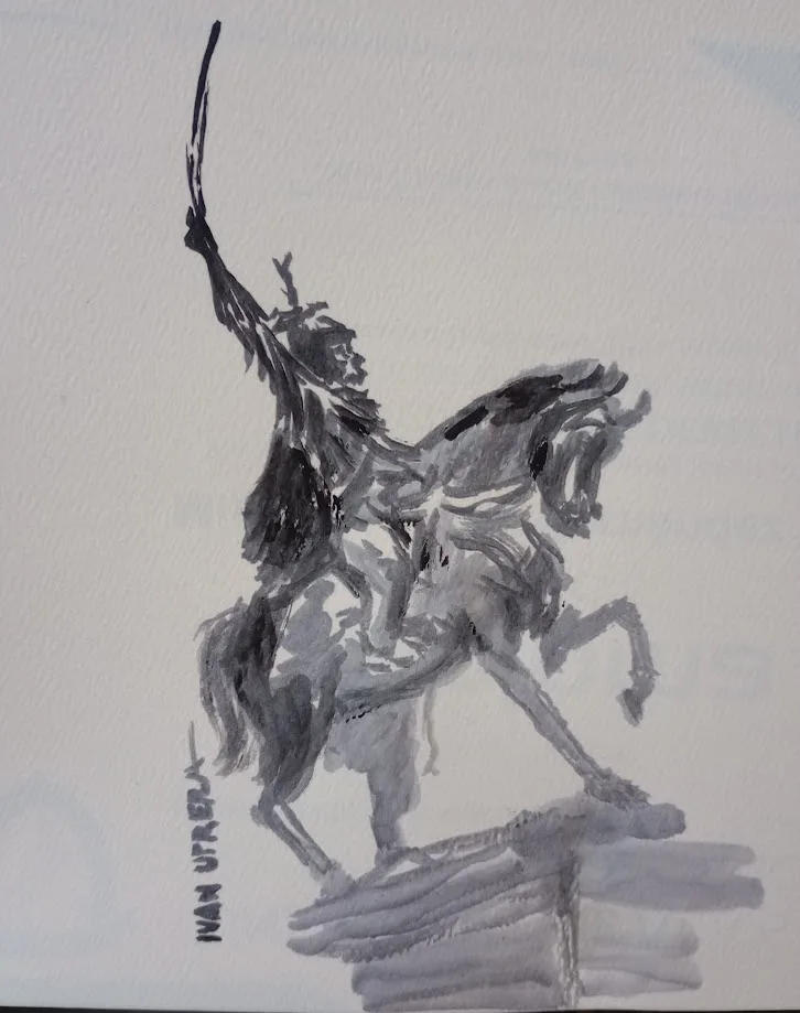 A black-and-white watercolor sketch depicts a dynamic, stylized equestrian figure on a rearing horse, holding a raised…