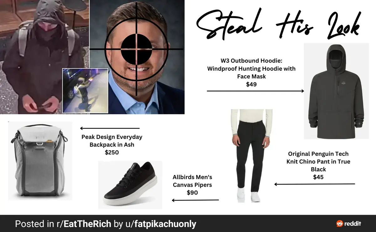 The image is a 'Steal His Look' fashion guide parody, showing a man with a target reticle over his face next to surveillance…