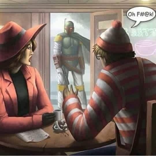 A man in a red-and-white striped outfit and a red hat sits at a table with a woman in a red hat and jacket, both looking…