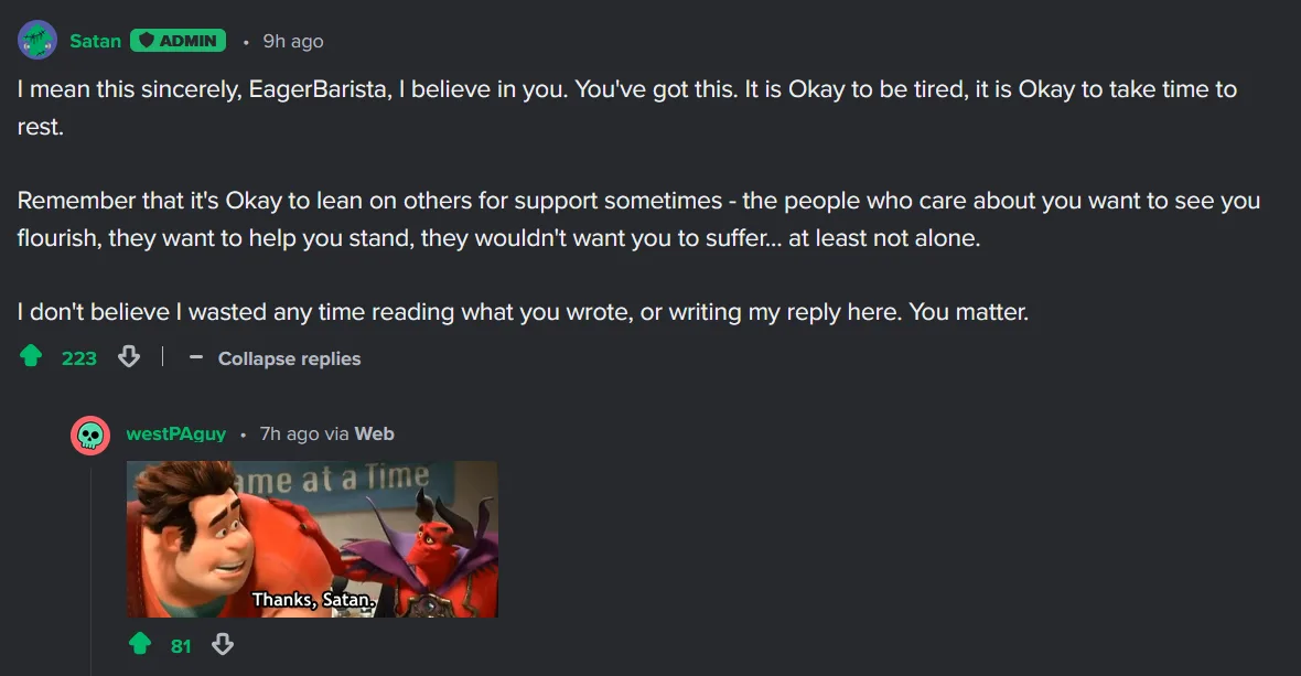 A screenshot of a Reddit comment thread where a user named 'Satan' (with an admin badge) posts a long, supportive message to…