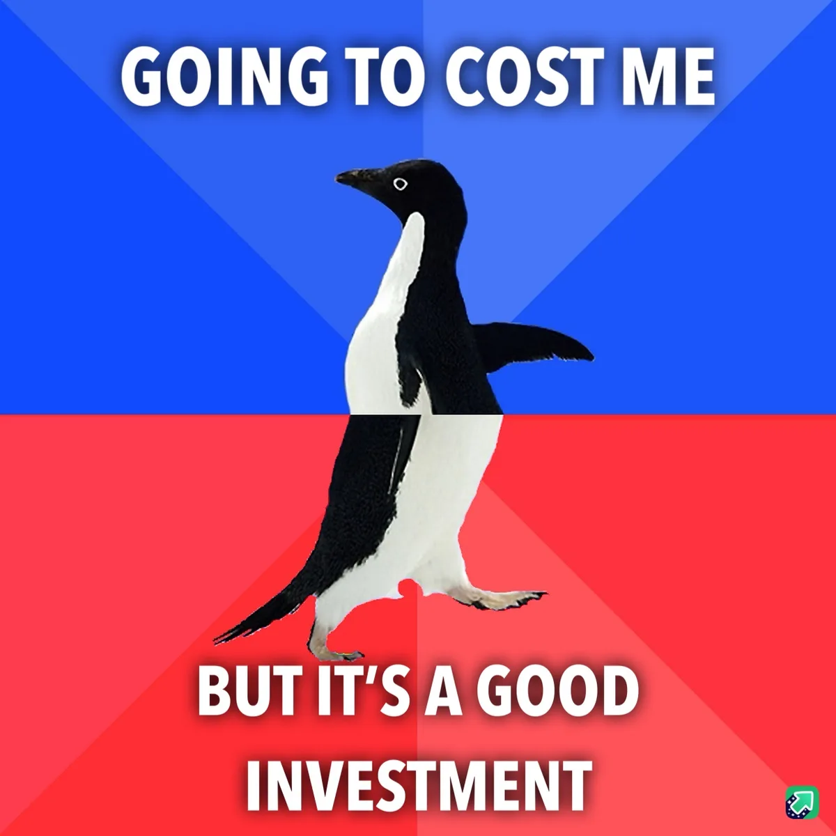 A black-and-white penguin stands centered against a split background of blue and red diagonal sections. White bold text at…