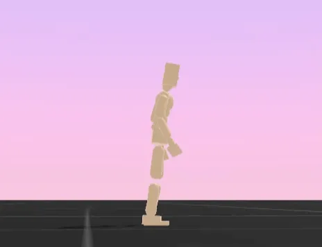 The image shows a split-screen animation of a beige, blocky, humanoid figure walking on a black grid floor against a…