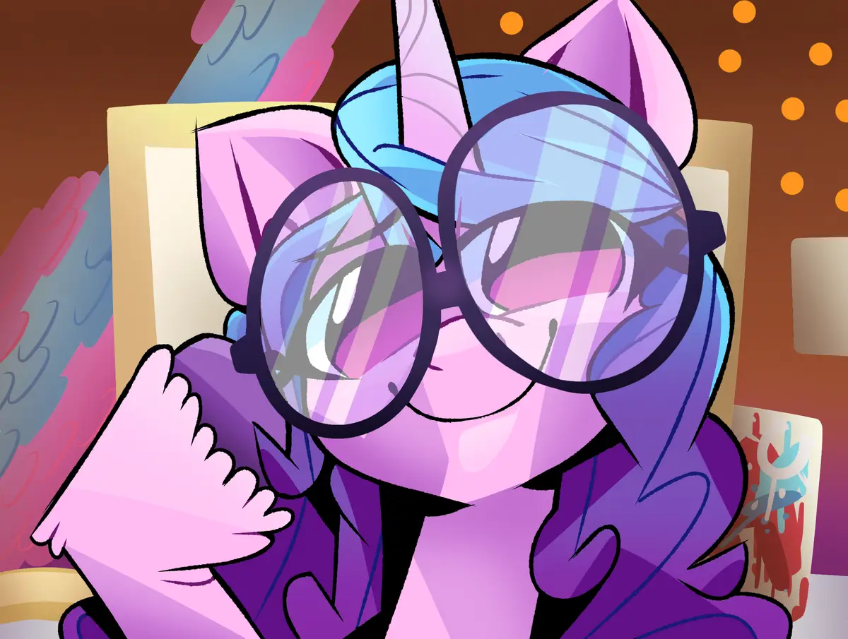 A cartoon pony with purple skin, blue hair, and a unicorn horn wears large round glasses while resting her head on her hand…