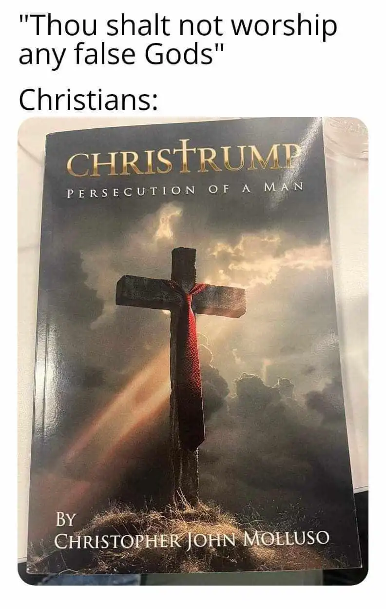 A book cover titled 'CHRISTRUMP: PERSECUTION OF A MAN' by Christopher John Molluso, featuring a wooden cross with a red tie…