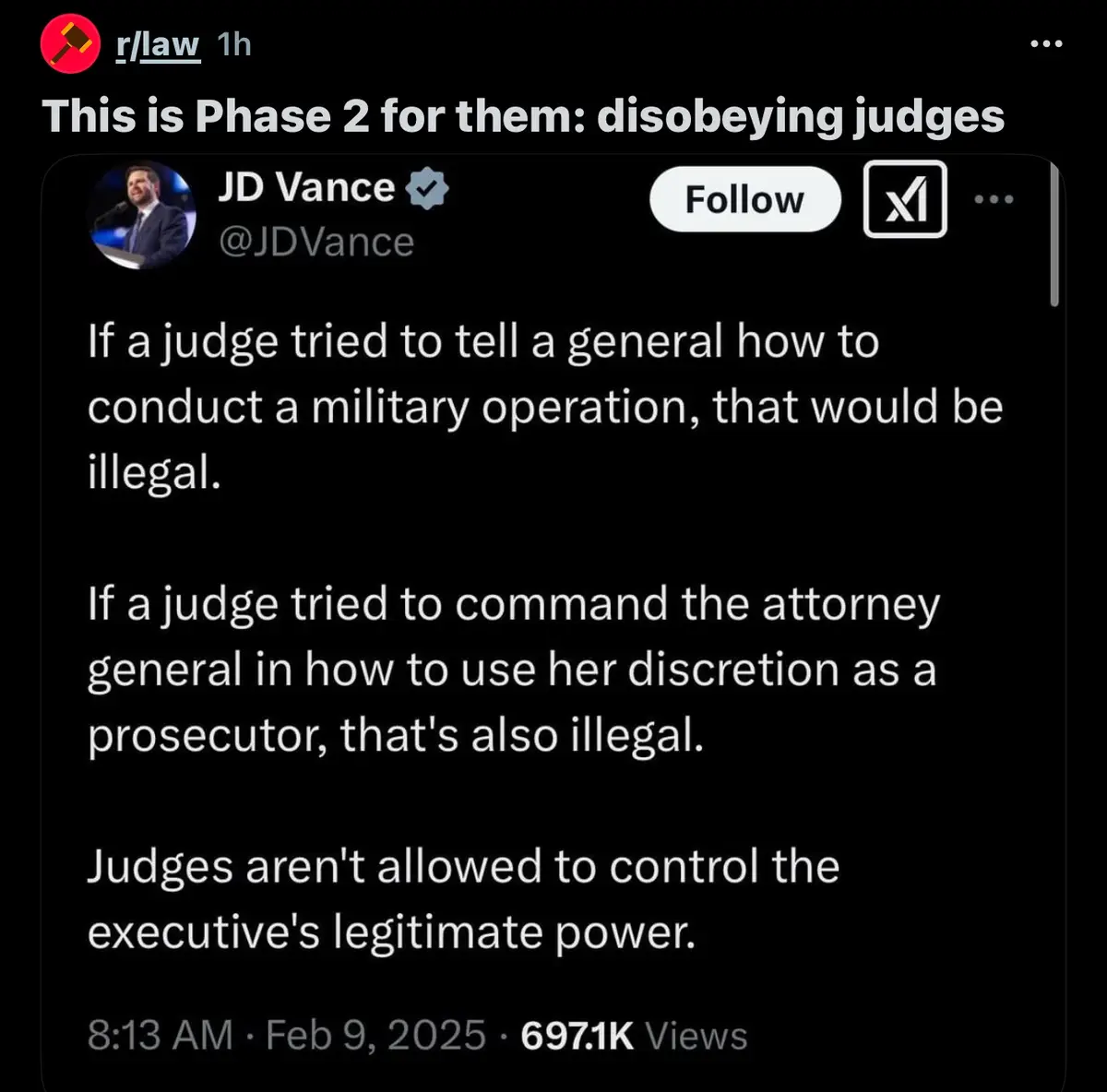 A screenshot of a tweet by JD Vance, which states that judges cannot legally tell generals how to conduct military…