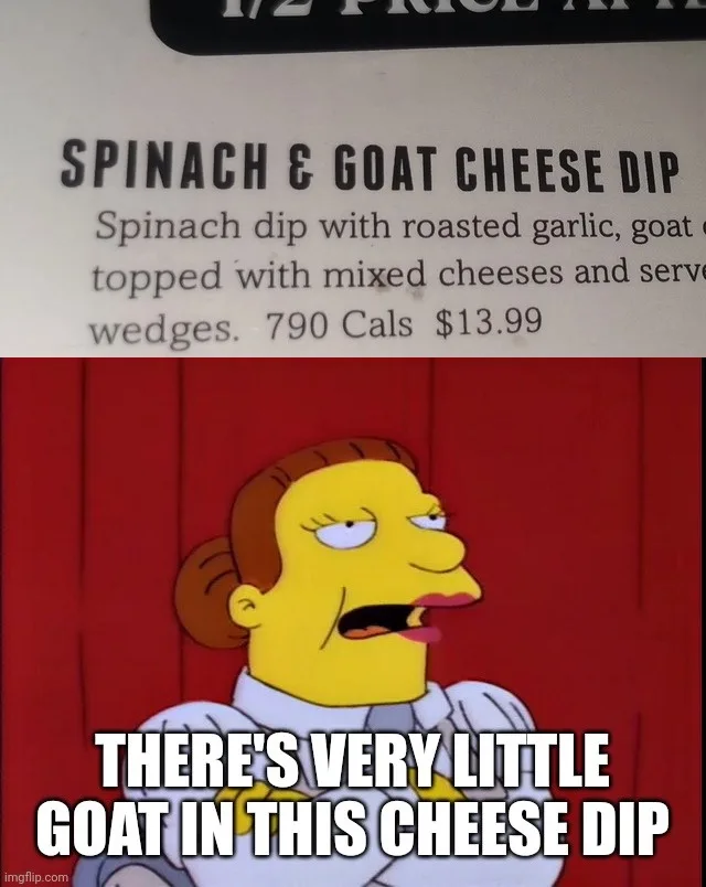 The image shows a menu item for 'SPINACH & GOAT CHEESE DIP' with a description and price. Below it is a cartoon of Marge…