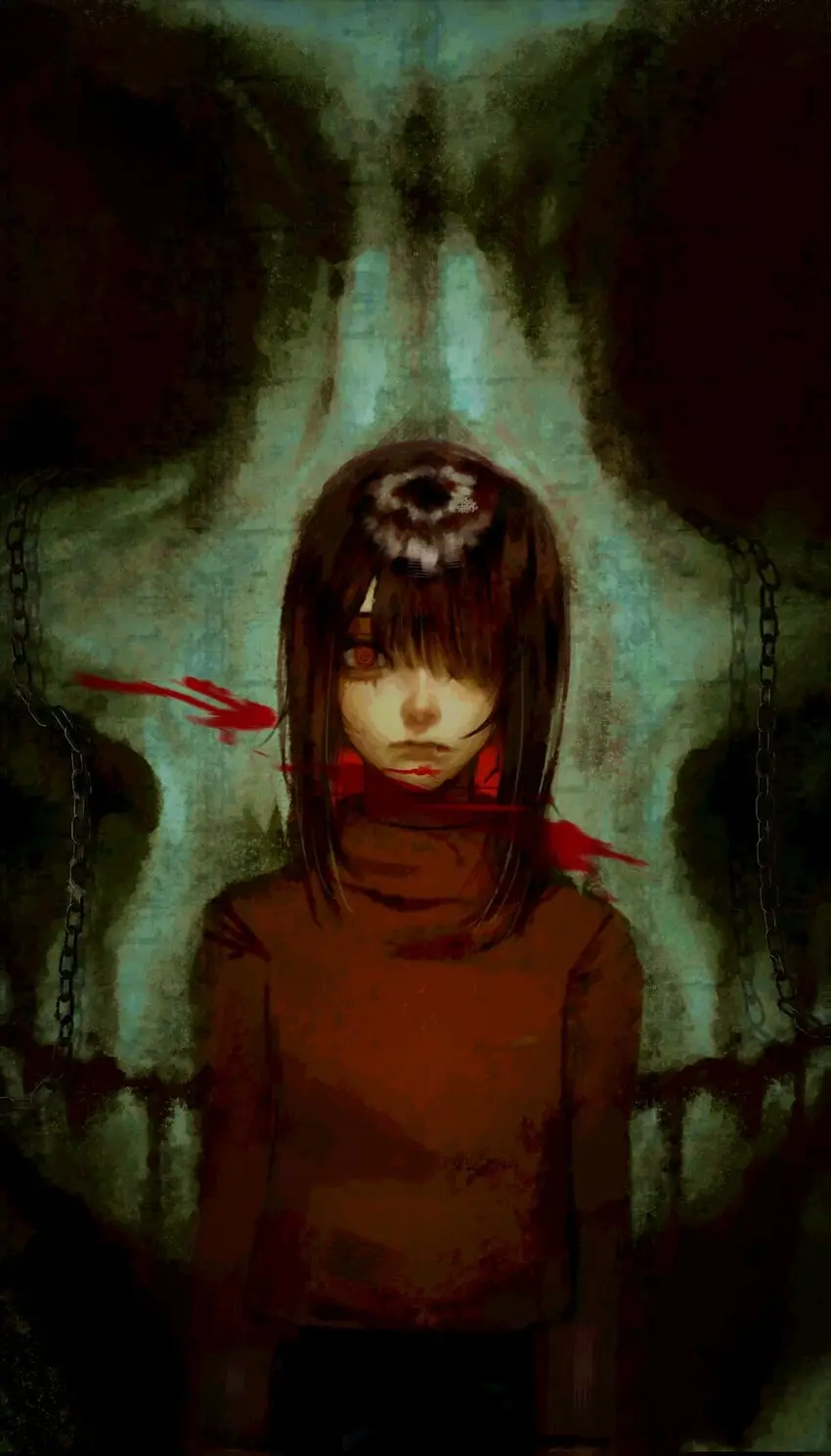 A dark, stylized illustration of a young girl with brown hair and a red turtleneck, her face smeared with red streaks…