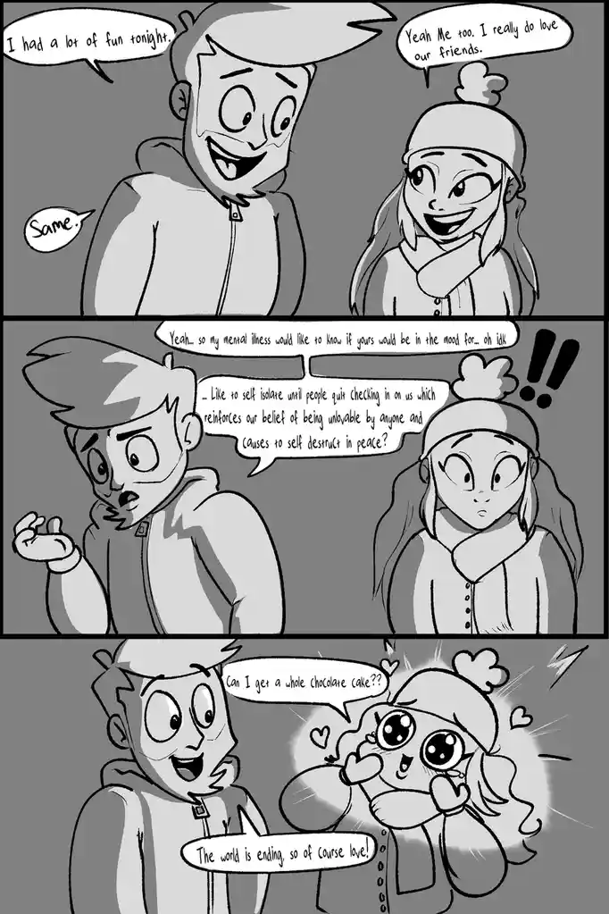 A three-panel black-and-white comic strip shows two friends happily chatting about having fun. The conversation turns dark…
