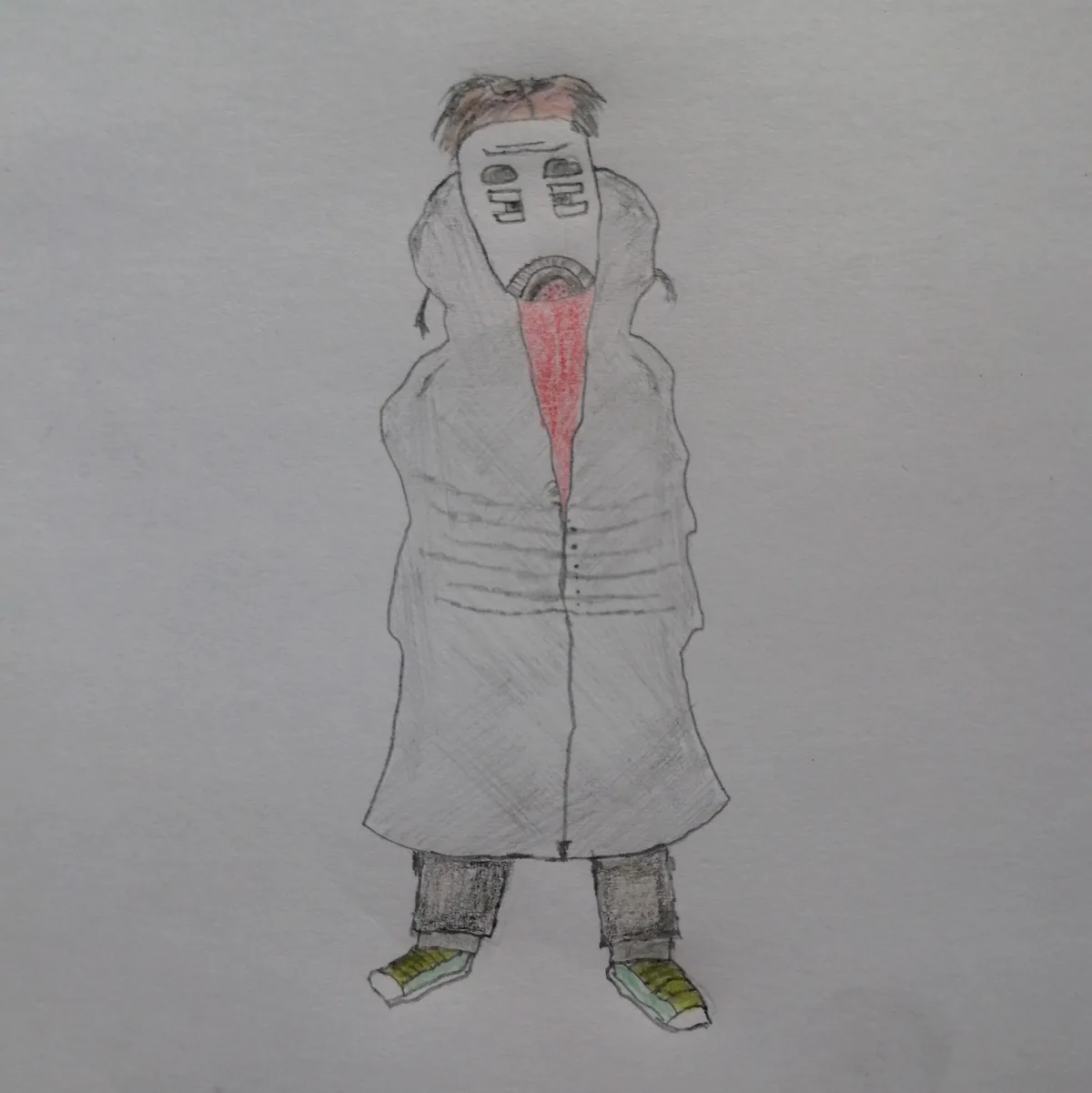 A hand-drawn sketch depicts a person wearing a long grey coat, dark pants, and green sneakers, with a crudely drawn face…