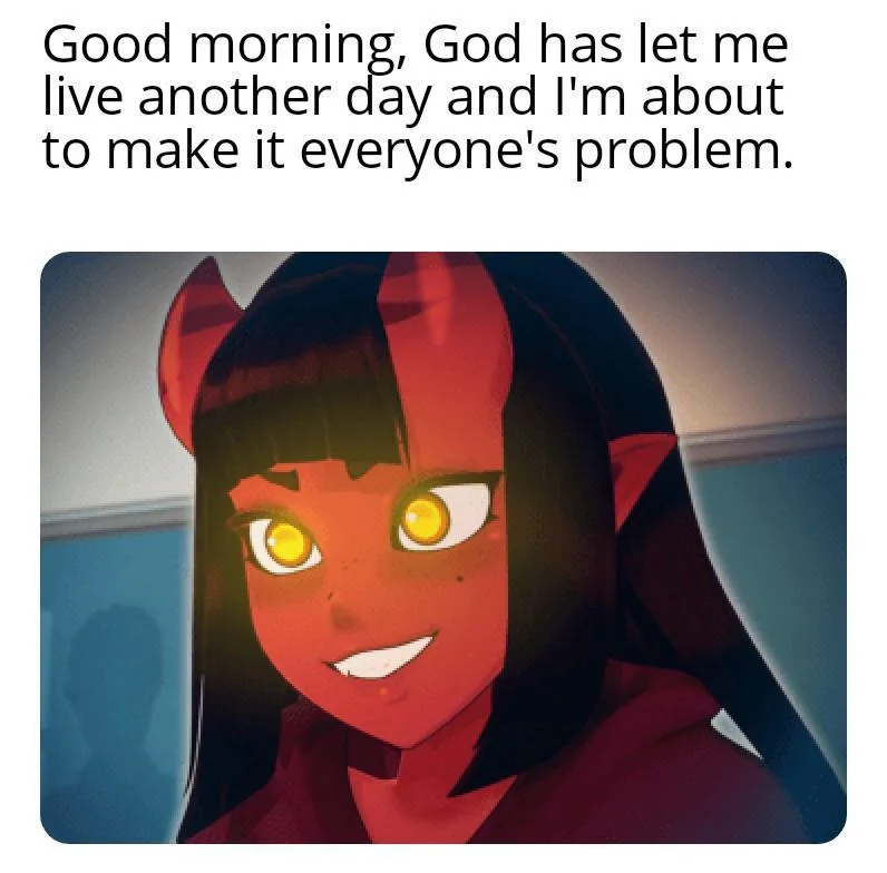 An anime-style character with red skin, devil horns, and glowing yellow eyes smiles confidently while wearing a red hoodie…