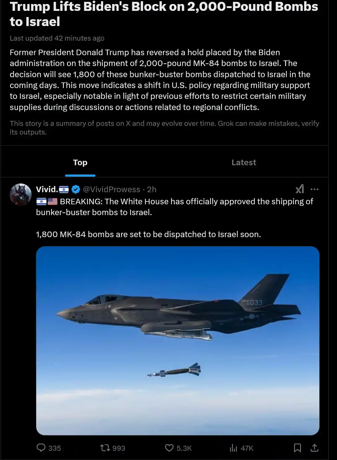 A screenshot of a social media post showing a fighter jet dropping a bomb against a blue sky. The post includes overlaid…