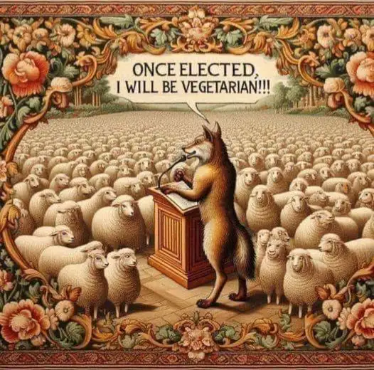 A fox stands at a wooden podium addressing a vast crowd of sheep in a pastoral setting, framed by ornate floral borders. The…