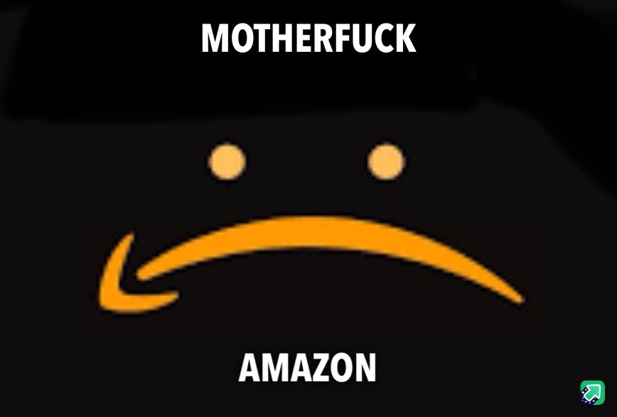 The image displays the Amazon logo, which is a black background with two yellow dots for eyes and a yellow curved arrow…