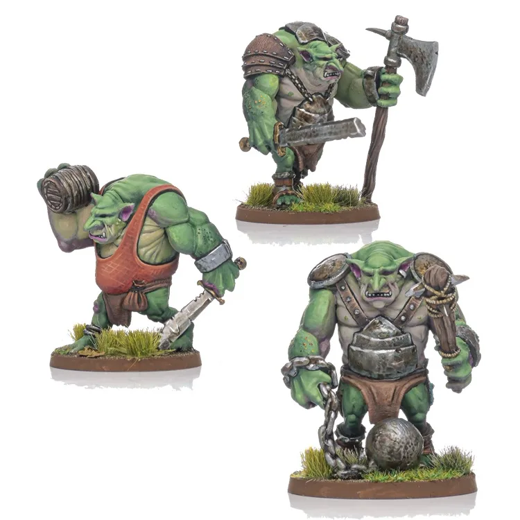 three painted green-skinned orc miniatures on grassy bases, each in different poses: one wielding an axe and shield, one…
