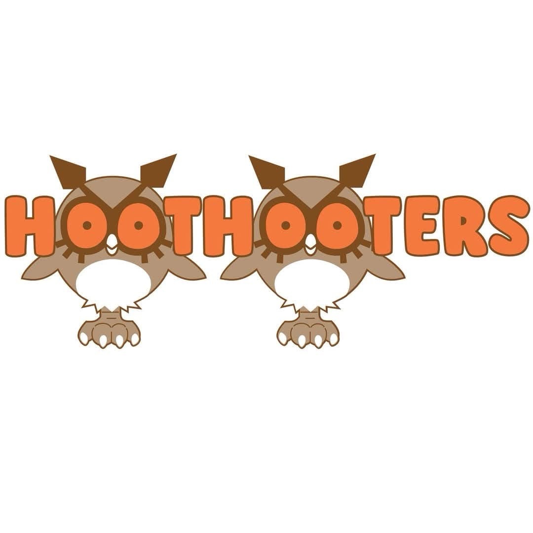 The image displays the official Hooters restaurant logo featuring two cartoonish brown owls with large orange eyes, white…