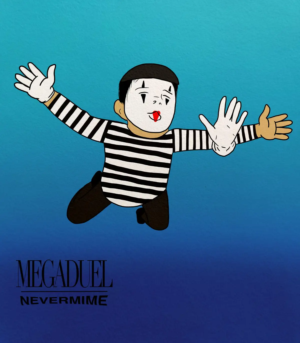 A cartoon character wearing a black-and-white striped shirt and black pants, with a white face, black eyebrows, and red…