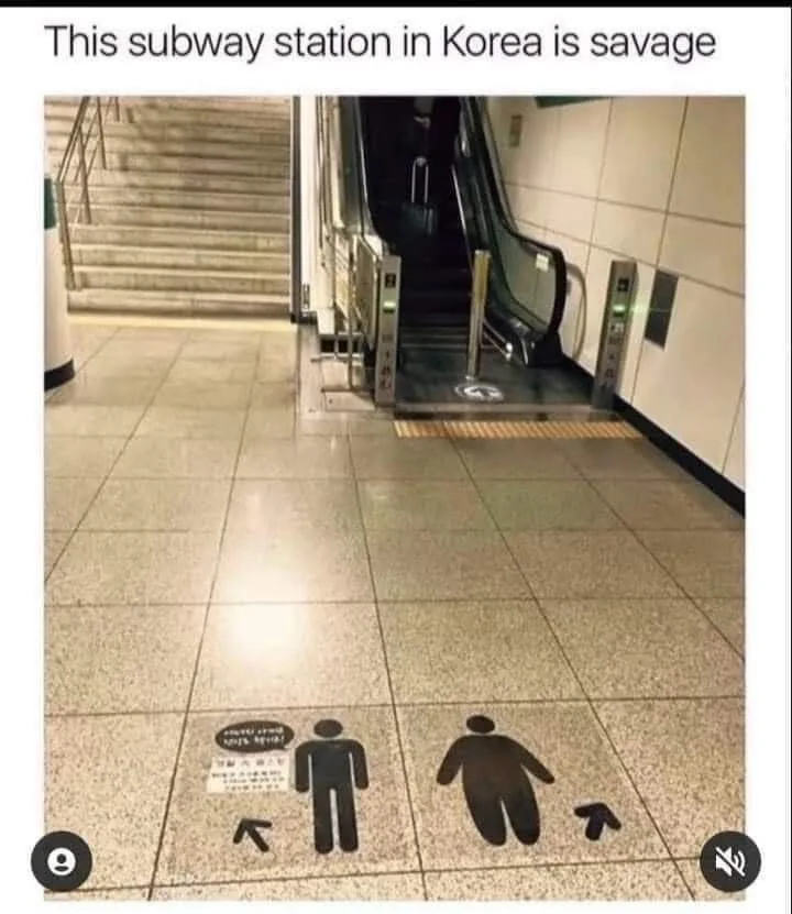A photo of a subway station floor with two black silhouette stickers: one of a slim person with an arrow pointing left, and…