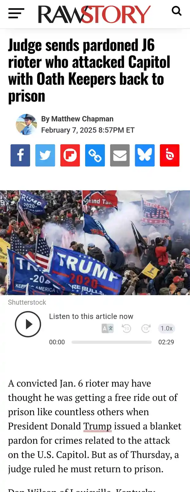 A screenshot of a RawStory news article dated February 7, 2025, with a headline about a judge sending a pardoned January 6th…