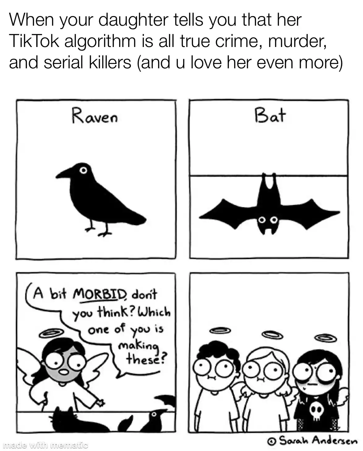 A four-panel comic strip by Sarah Andersen shows a raven and a bat labeled as such. An angelic girl asks which one is making…
