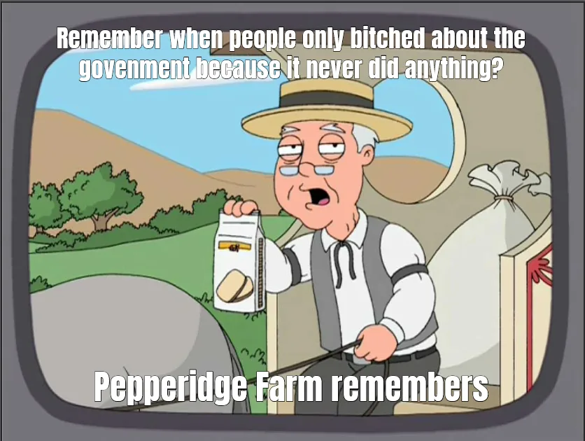A cartoon image of an elderly man in a straw hat and vest holding a Pepperidge Farm bread box, looking shocked or nostalgic…