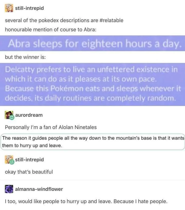 A screenshot of a Reddit thread where users discuss relatable Pokémon Pokédex entries. One user highlights Abra's long…