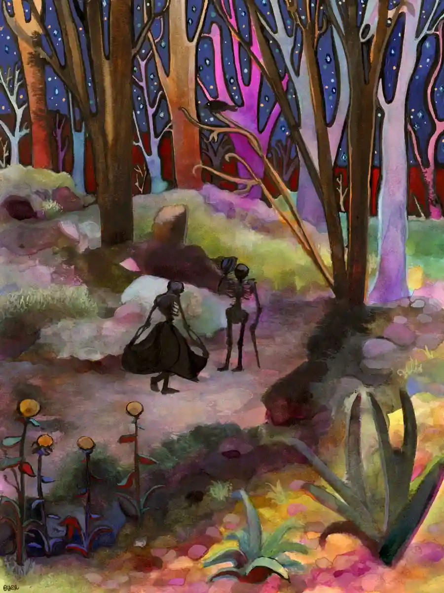 A surreal, colorful forest scene with two skeletal figures walking on a path. One skeleton wears a long black dress and…