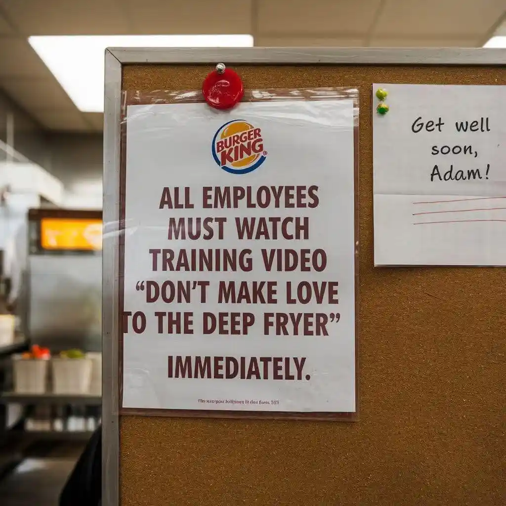 A Burger King training notice pinned to a corkboard in a fast-food kitchen, mandating all employees watch a video titled…