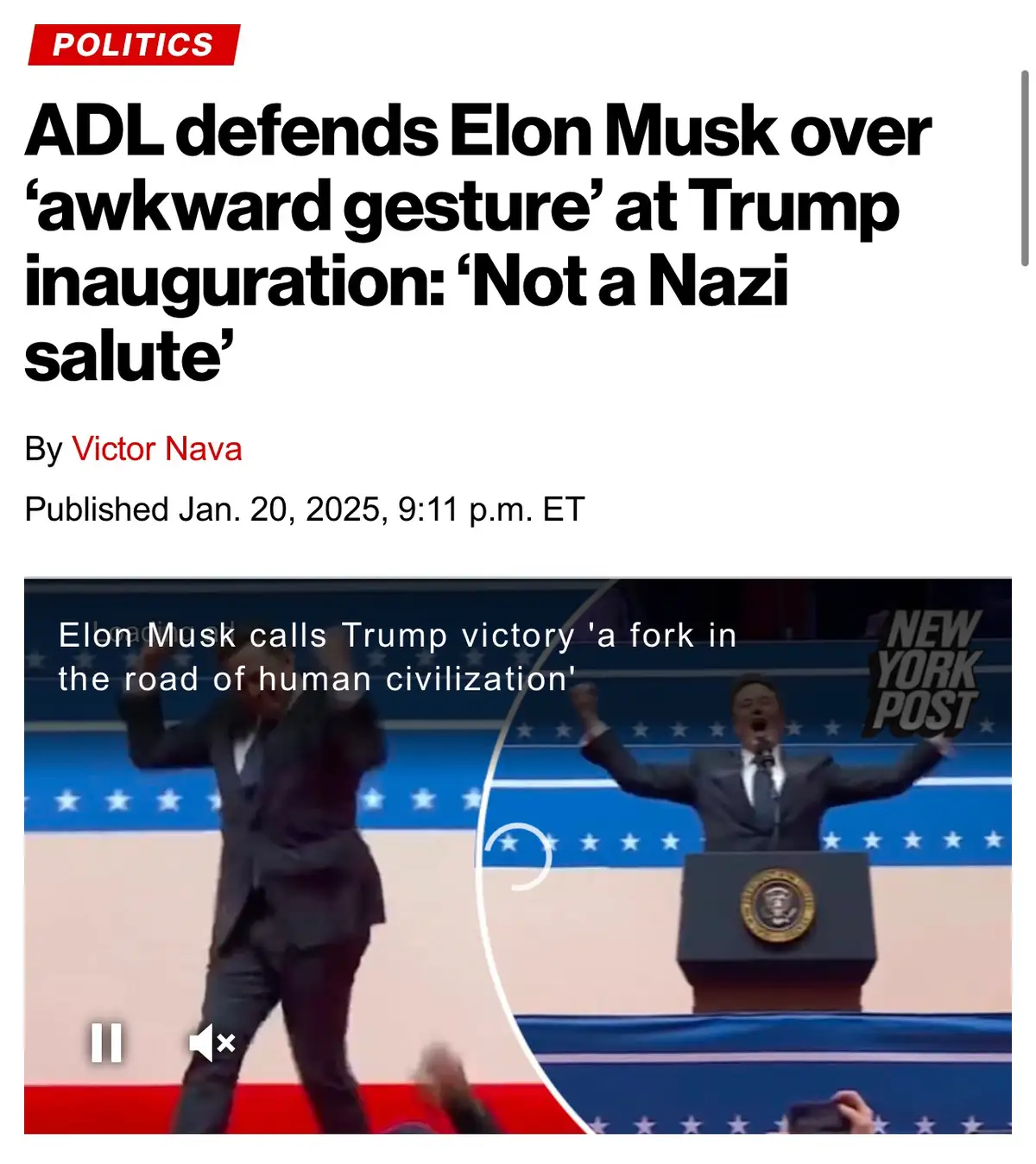 A screenshot of a New York Post article headlined 'ADL defends Elon Musk over 'awkward gesture' at Trump inauguration: 'Not…