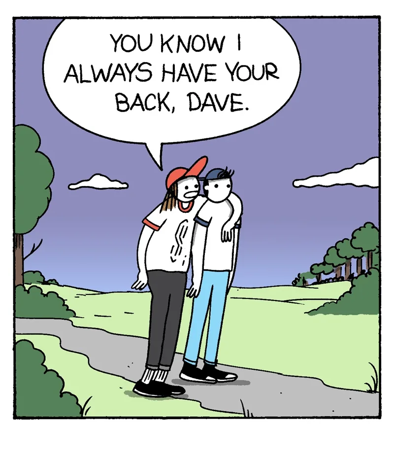 Two cartoon characters stand on a path in a park, one with arms around the other's shoulders. The character on the left…