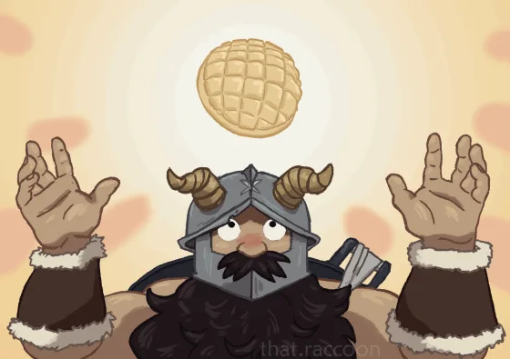 A cartoon Viking with a horned helmet and beard attempts to juggle various bread items including a bagel, croissant…