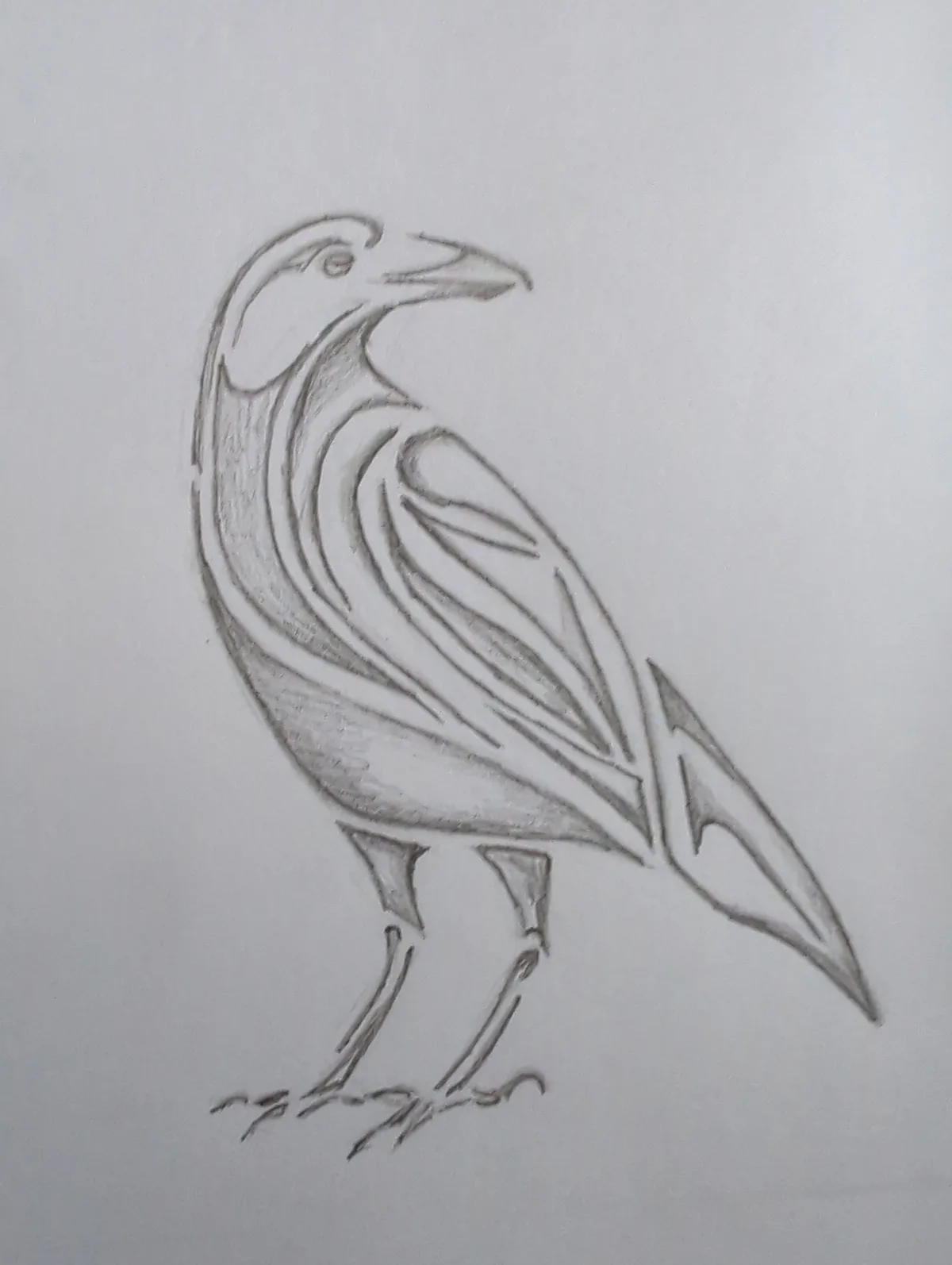 A simple pencil sketch of a stylized bird on white paper, with visible shading and clean lines. The overlaid text reads 'i…