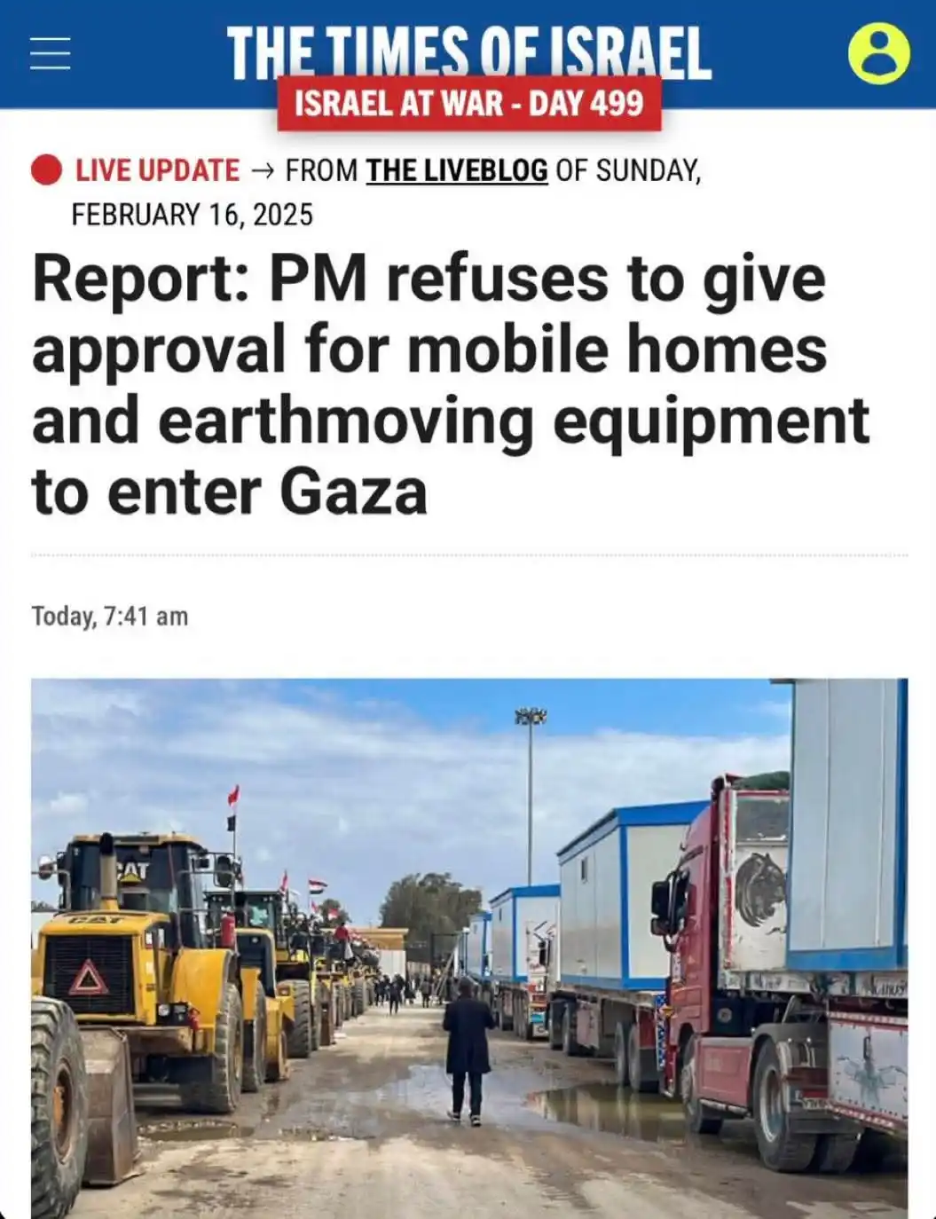 A screenshot of a 'The Times of Israel' news article dated February 16, 2025, titled 'Report: PM refuses to give approval…