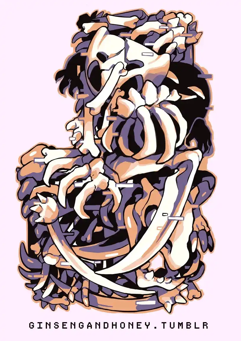 A stylized, glitch-art illustration of a skeletal creature composed of bones, claws, and tusks, rendered in a distorted…