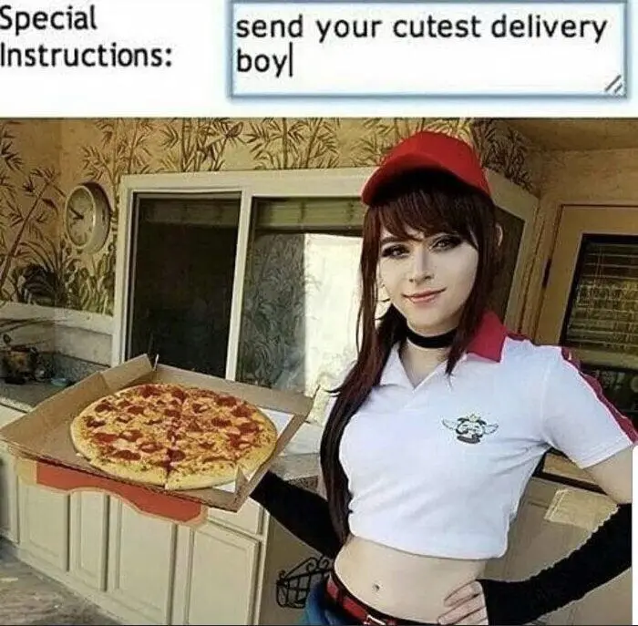 A woman in a red cap and white polo shirt holding a pizza box stands in a kitchen. Text overlaid at the top left reads…