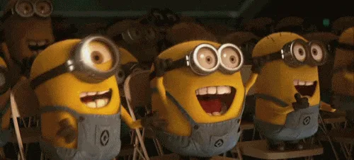 A horizontal strip of images shows multiple yellow, goggled Minions in a dimly lit room, all laughing hysterically with…