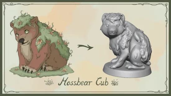 The image displays six side-by-side panels, each showing a cartoonish, furry creature with a green mossy back labeled…