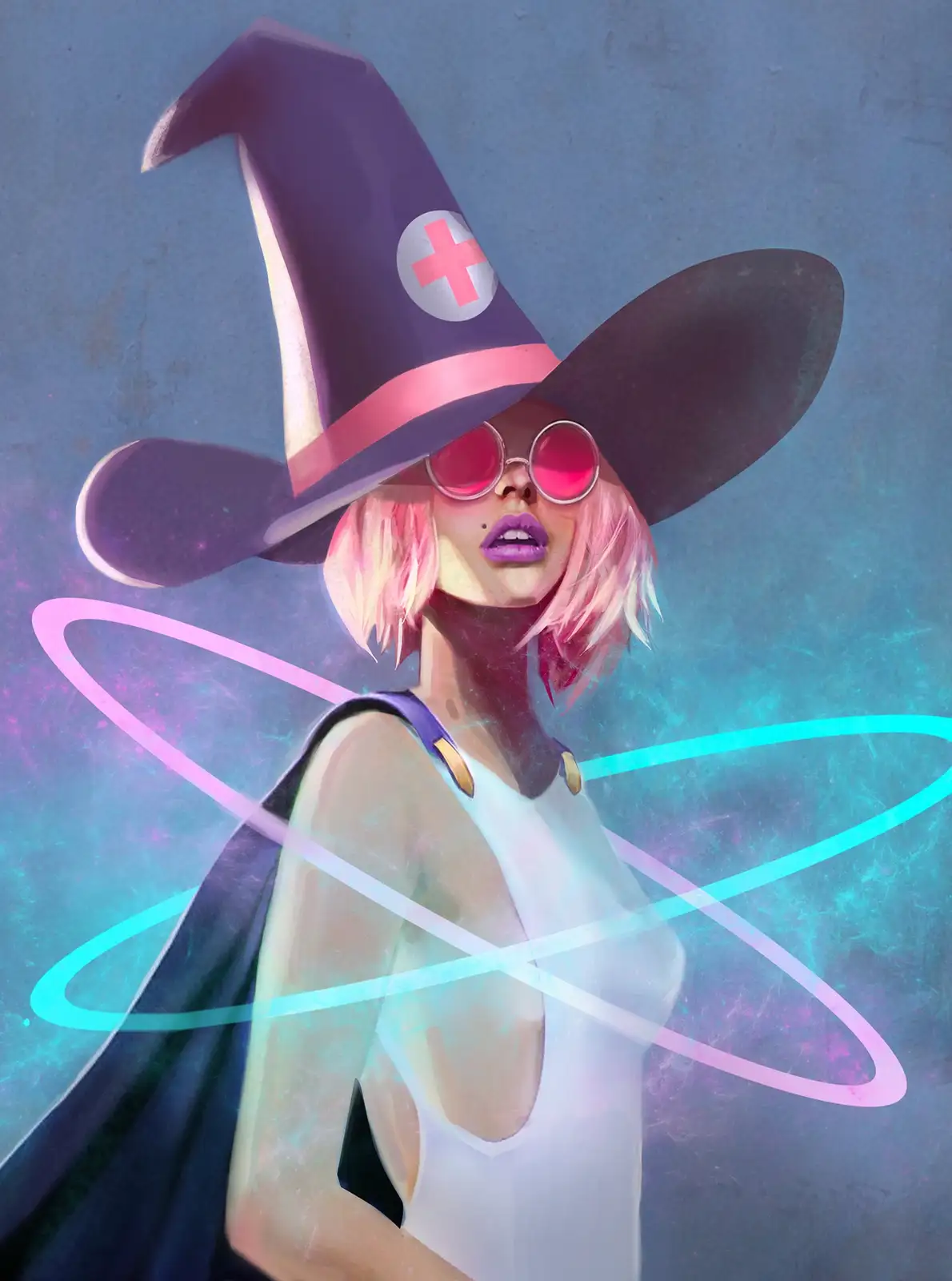 A stylized illustration of a woman with short pink hair, wearing a purple witch's hat adorned with a red medical cross…