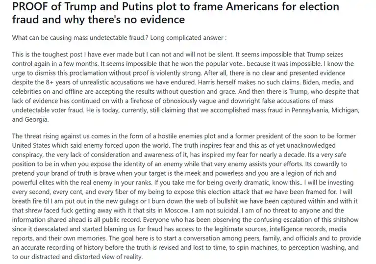 A screenshot of a long-form text post with a bold headline reading 'PROOF of Trump and Putins plot to frame Americans for…