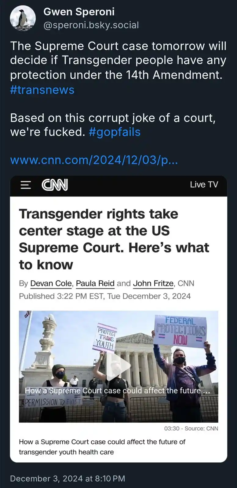 A screenshot of a CNN news article about a Supreme Court case on transgender rights, showing protesters holding signs…