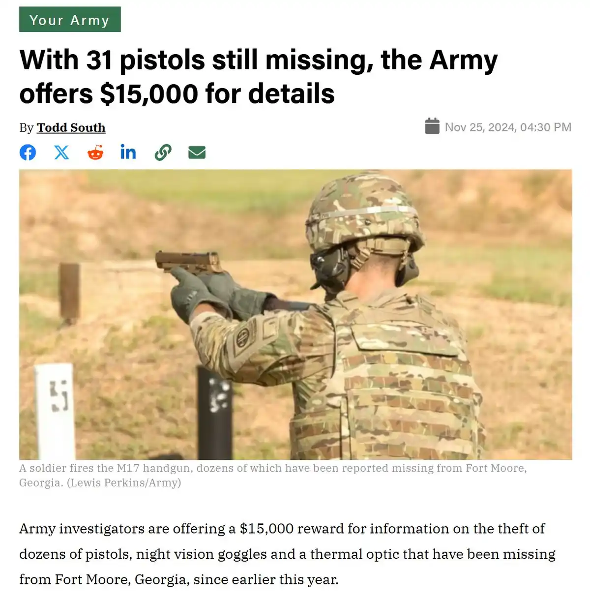 A soldier in camouflage uniform and helmet is shown from behind, aiming a handgun at a target in an outdoor range. The image…