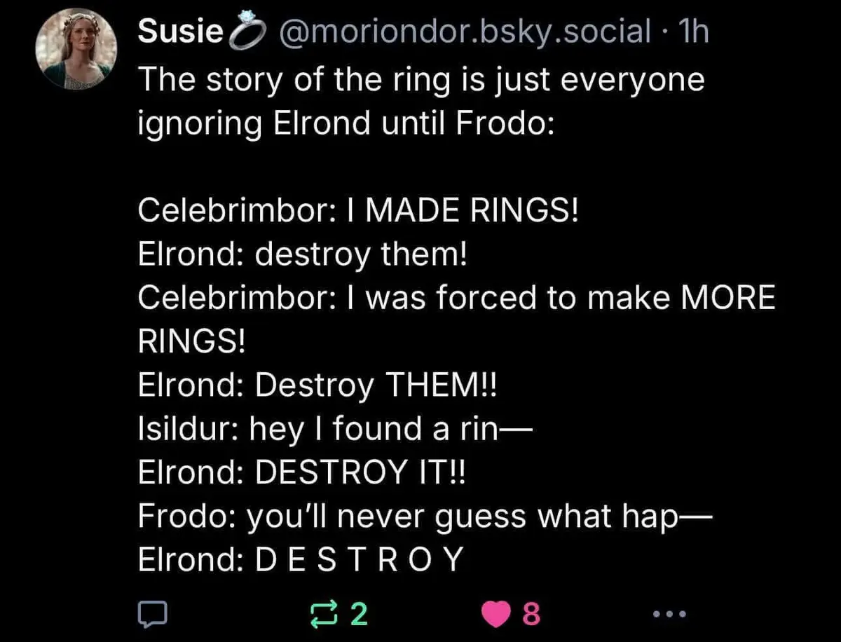 A black-background image displays a text-based Twitter post by 'Susie' about the 'ring' story from Lord of the Rings…