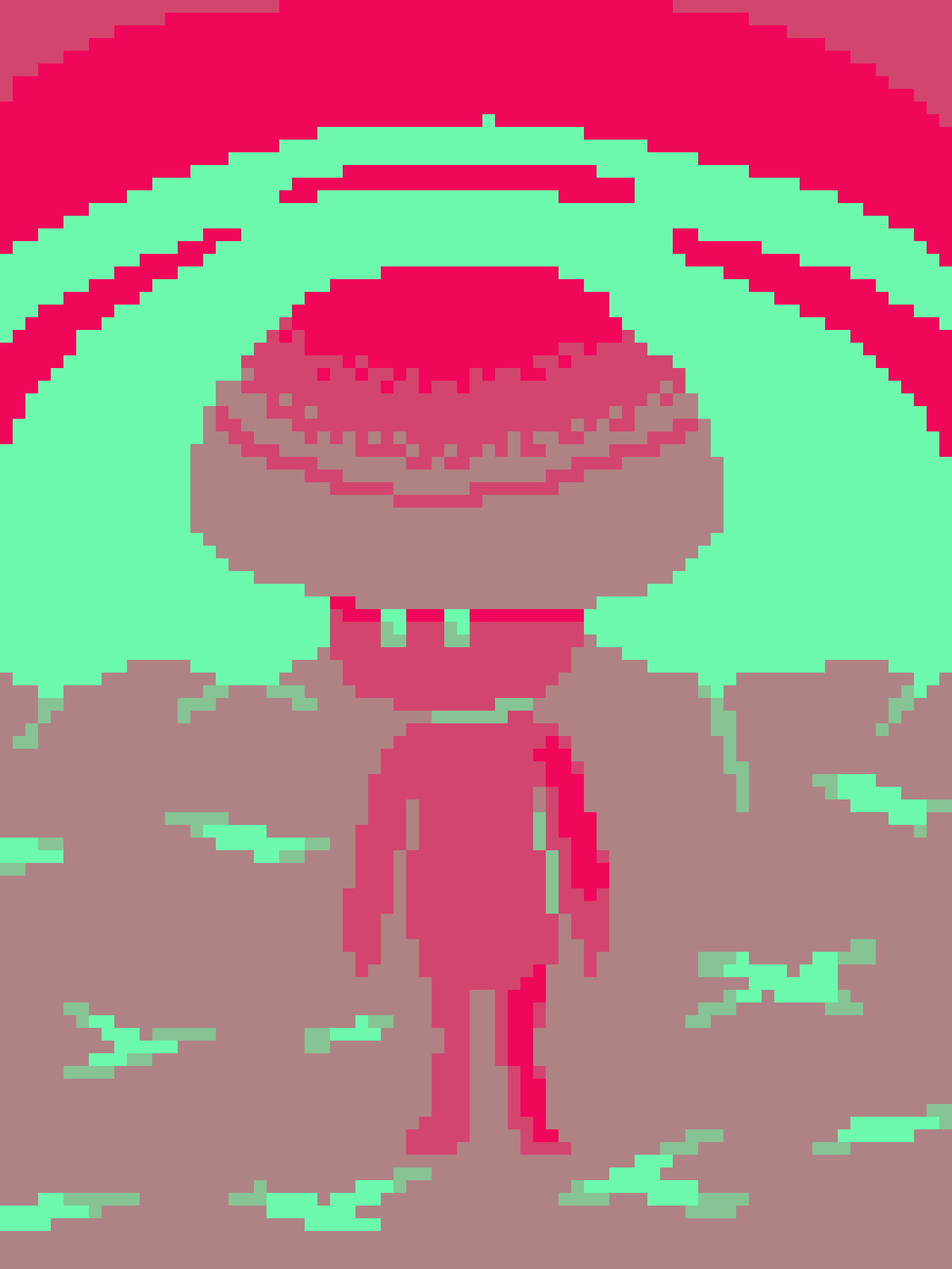 A low-resolution pixel art image shows a pink, humanoid figure with a large, wide grin and bright green hair, standing on a…
