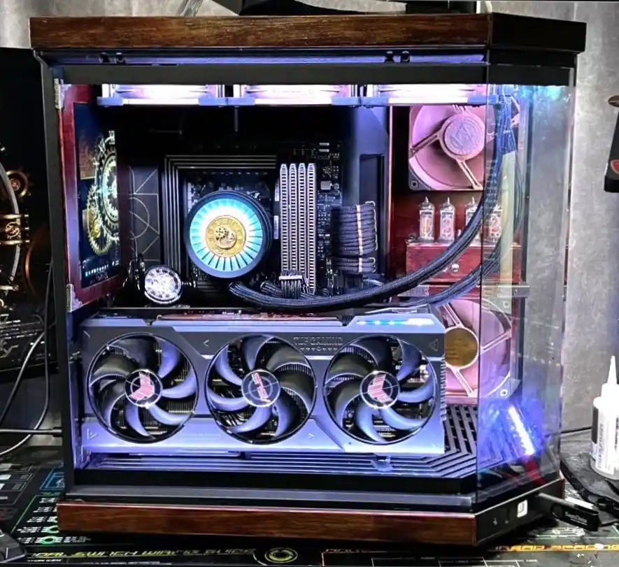 A custom-built computer case with a transparent side panel, showcasing internal components like a large graphics card with…