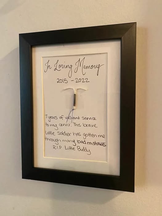 A framed memorial plaque with handwritten text honoring a medical device, specifically a cervical pessary, as a 'brave…