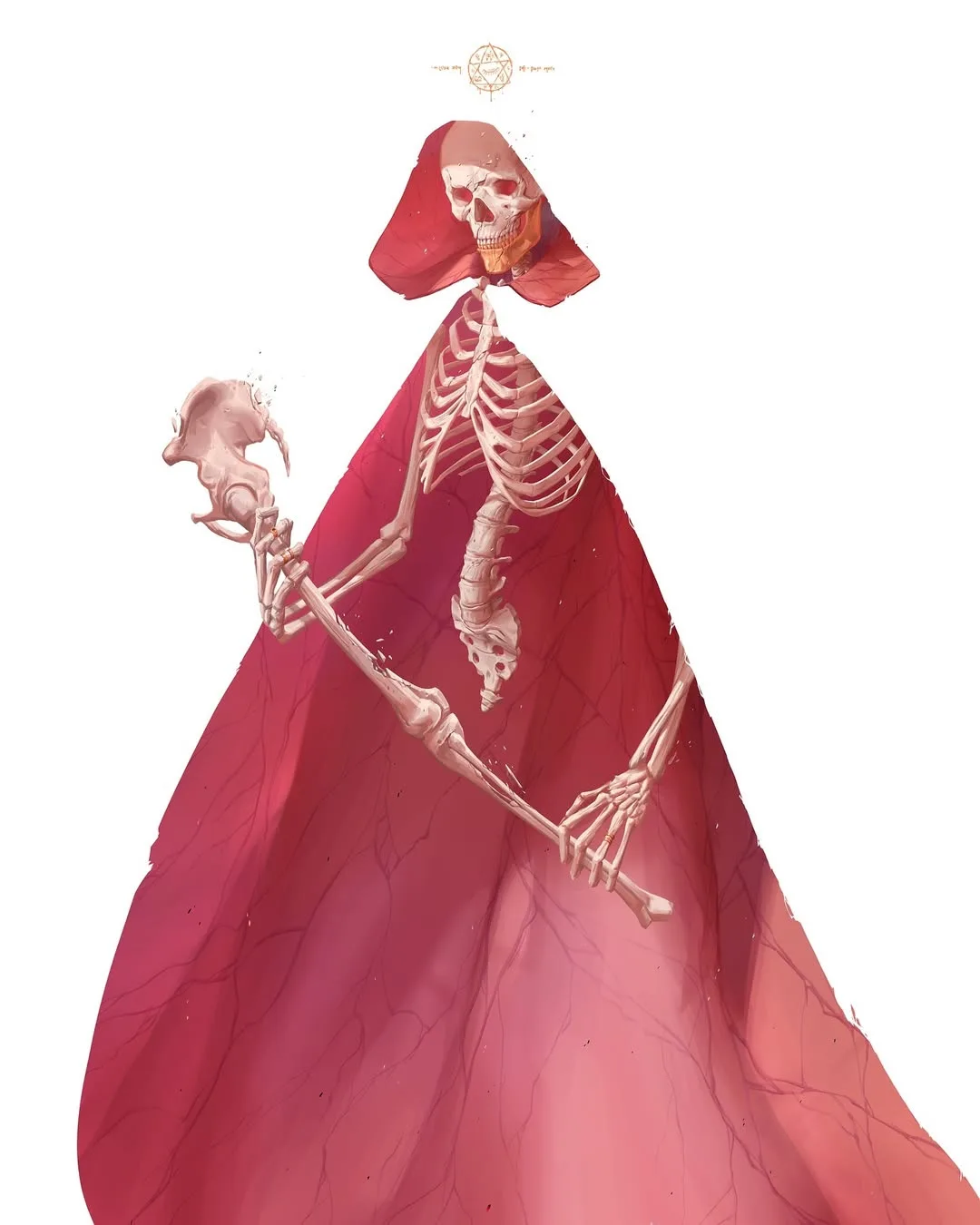 A skeletal figure wearing a flowing red hooded cloak stands against a white background, holding a tiny skeleton in one hand…