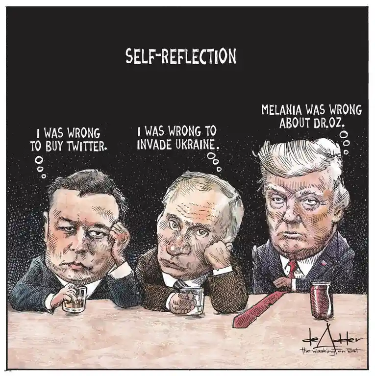 A political cartoon shows three men sitting at a table, each with a thought bubble containing a regret: Elon Musk regrets…