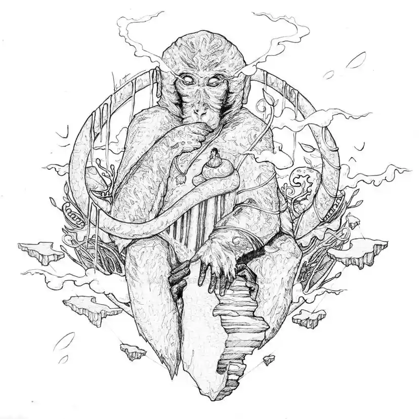 A detailed black-and-white line drawing depicts a monkey sitting cross-legged on a broken stone pedestal, smoking a…