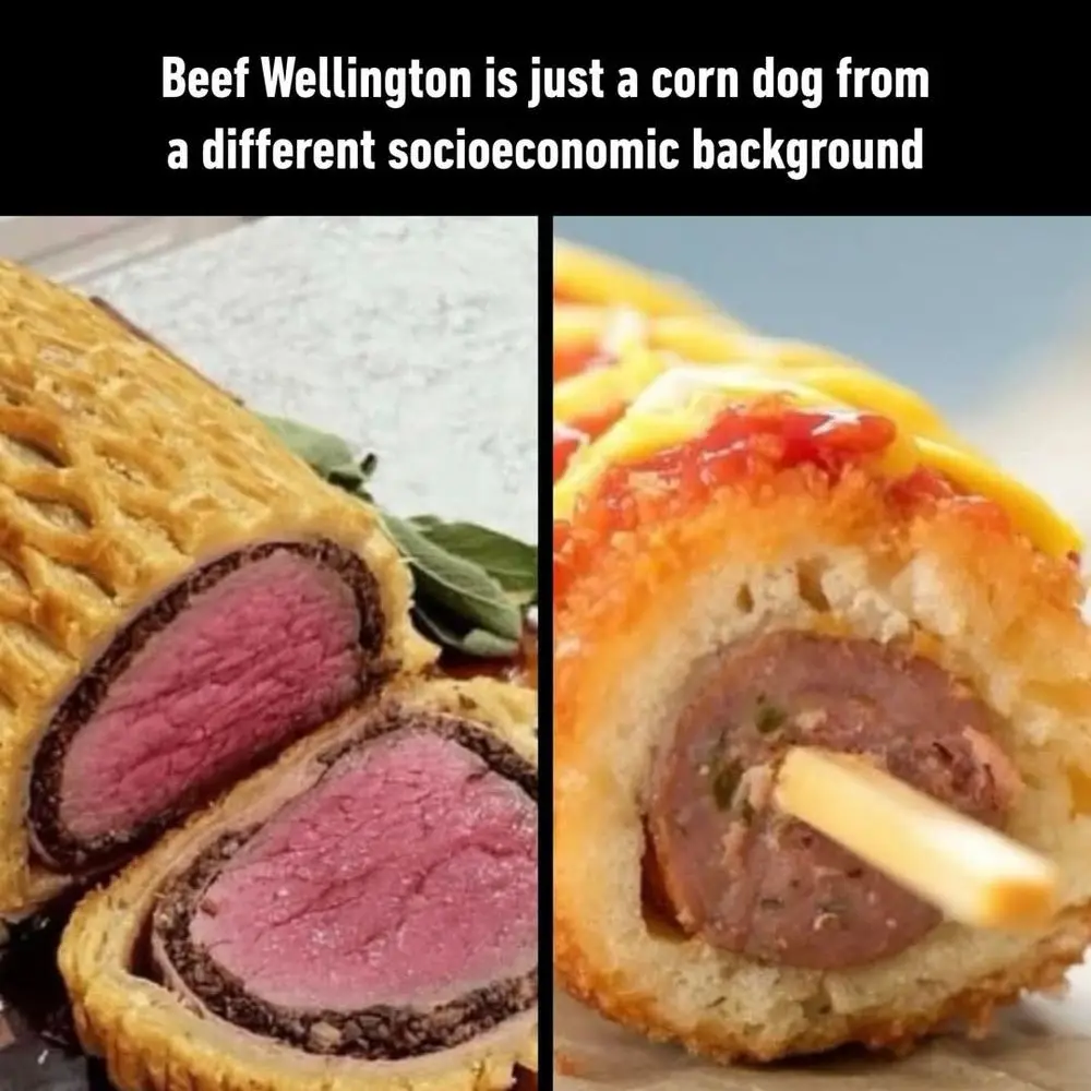 The image displays two side-by-side food items: on the left, a sliced Beef Wellington with pink center meat and golden…