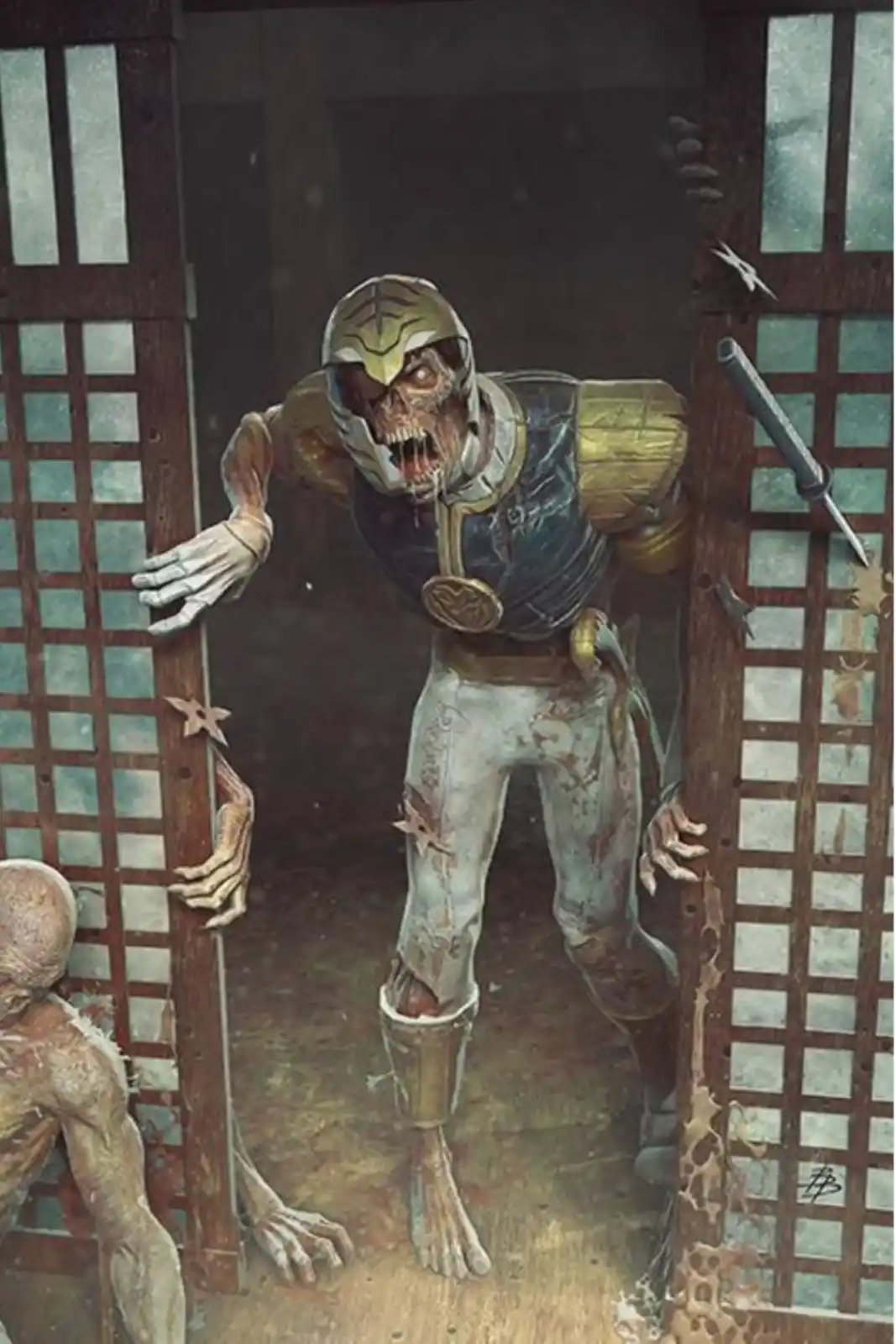 A zombie with a decaying, skeletal face and torn, dirty Power Ranger costume is bursting through a wooden door with glass…